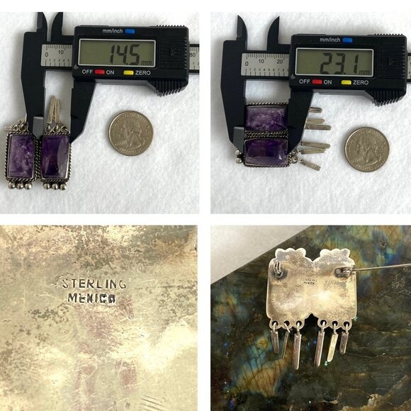 VTG Sterling Silver 925 Mexico Bezel Set Loaf Faceted Double Amethyst Brooch - Picture 9 of 16